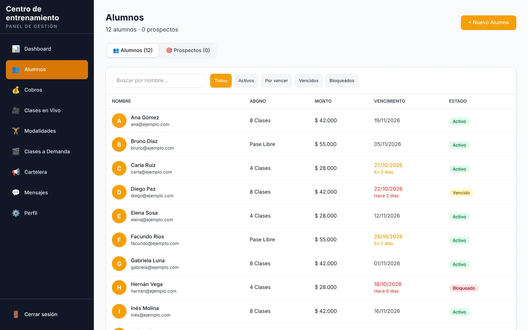 Gestor de alumnos del centro de entrenamiento, con abonos, vencimientos y estado