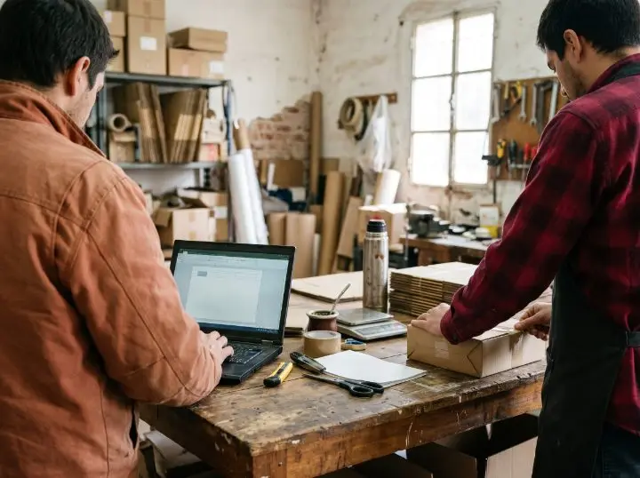 Dos personas trabajando en un depósito: una en la compu y otra armando un paquete