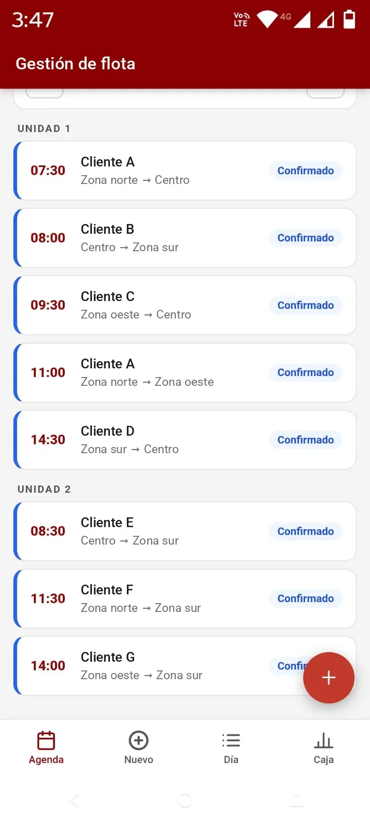 Agenda de fletes por unidad, con horario, cliente y recorrido