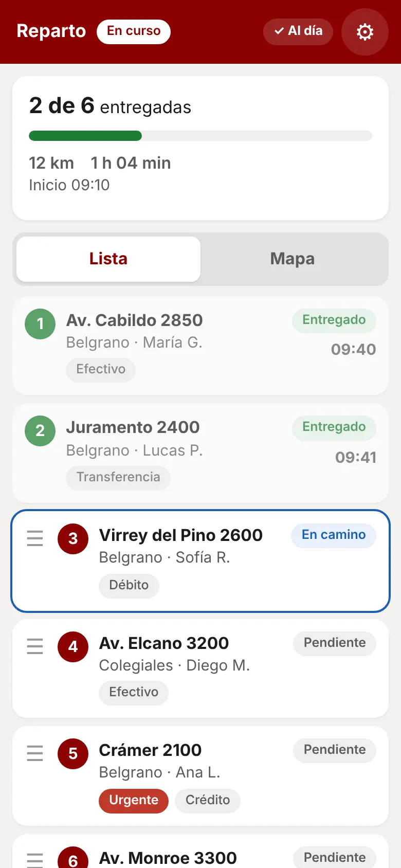 App de reparto con las paradas del día ordenadas y su estado