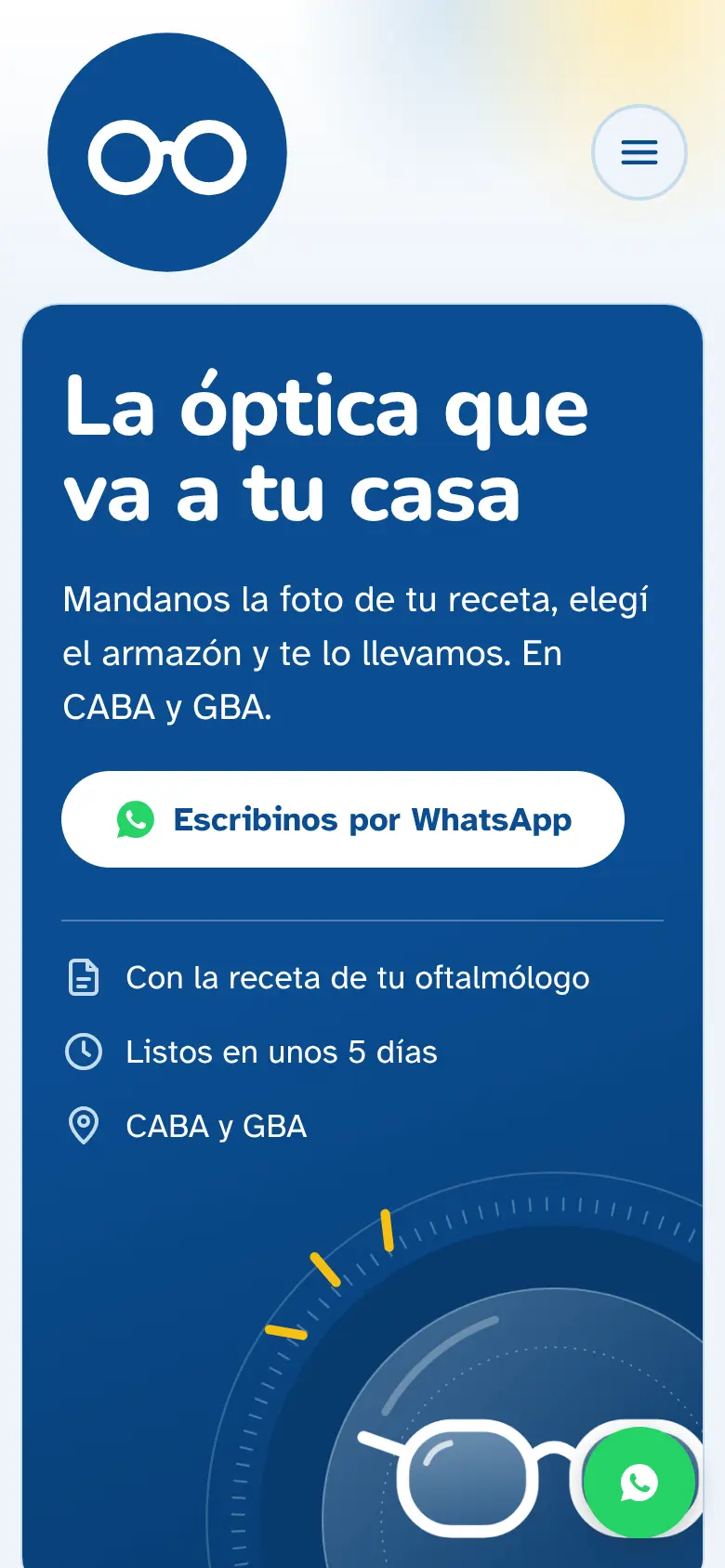 Portada de la web de la óptica en el celular, con el botón Escribinos por WhatsApp