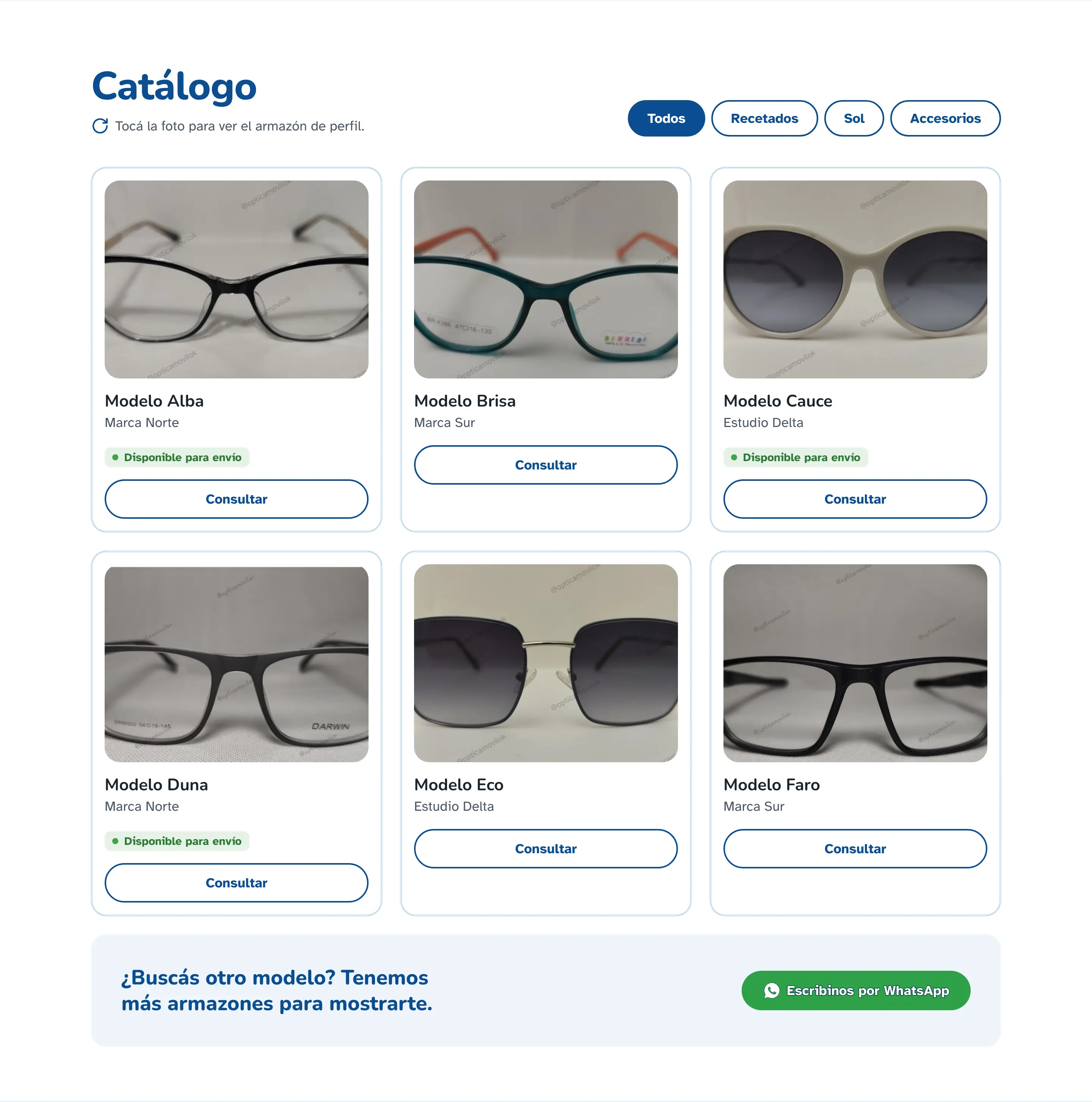 Catálogo online de la óptica, con fotos de armazones y filtros por tipo