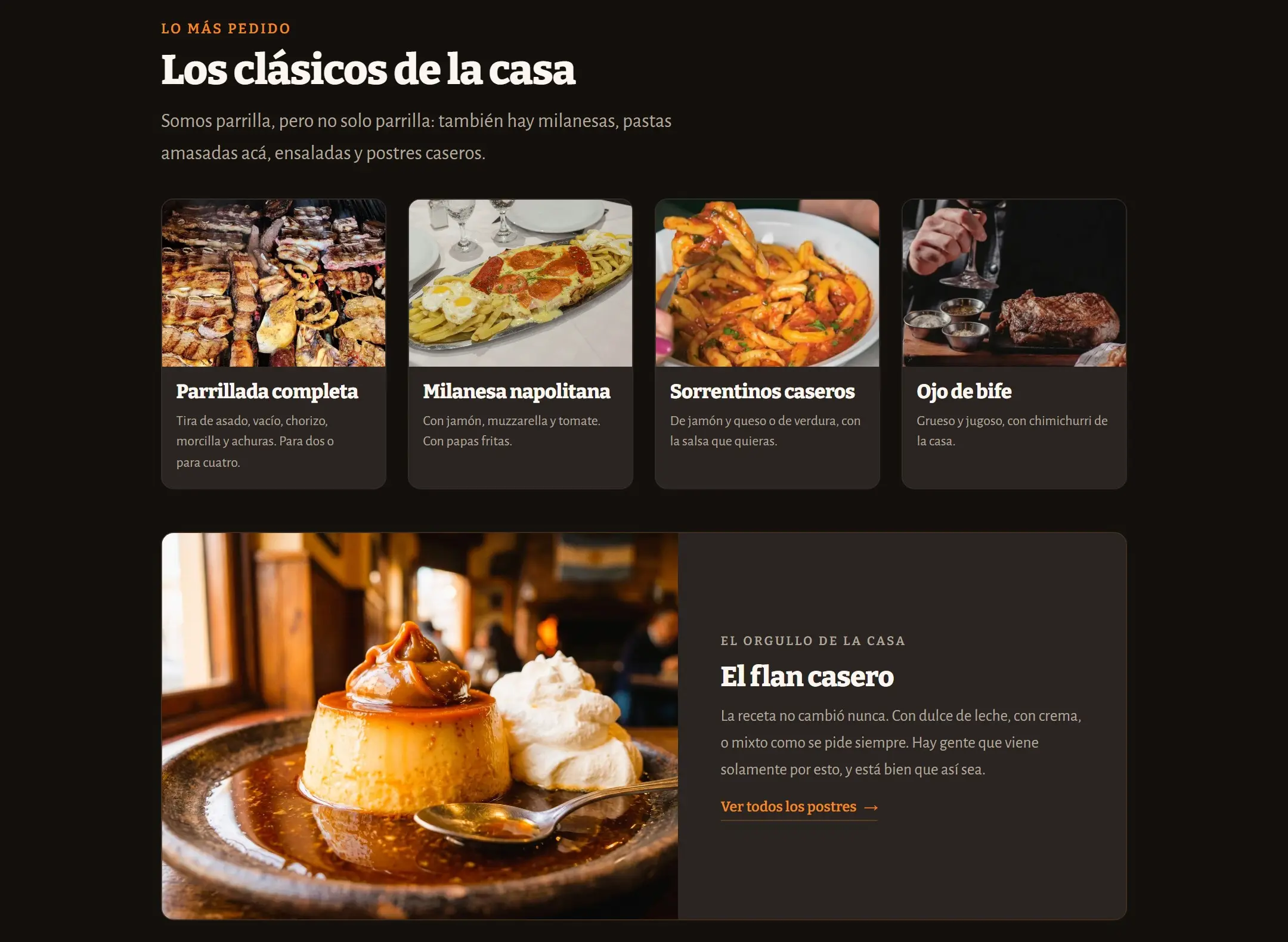 Sección de platos de la web del restaurante